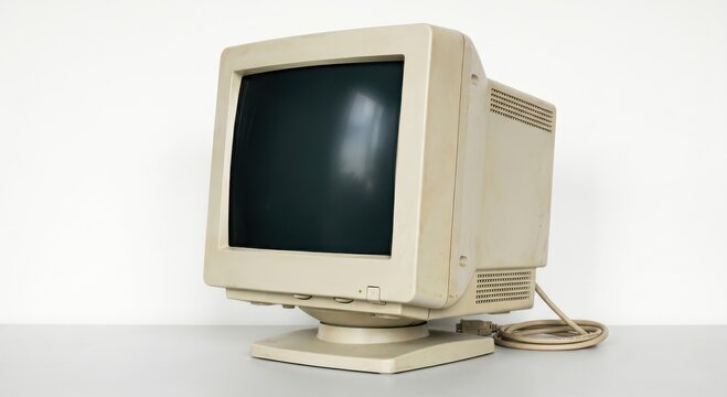 Retro beige computer monitor with a dark screen on a table against a white wall.