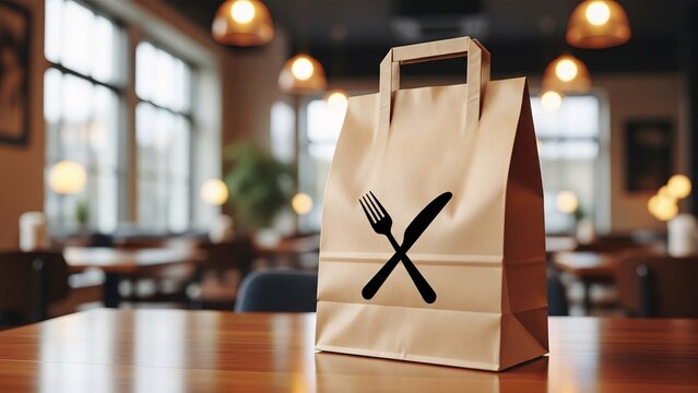 Takeout Food Bag with Fork and Knife Icon on a Wooden Table in a Cozy Restaurant Setting Perfect for Food Delivery and Dining Experience