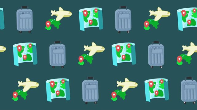 Seamless pattern of travel icons with airplane, suitcase, and map in a horizontal background animation. Global tourism and vacation wallpaper concept with luggage, aircraft, and navigation pins symbol