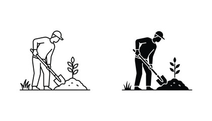 Man planting small tree in soil using shovel line art and black silhouette vector set for gardening and environmental concepts © Timeless