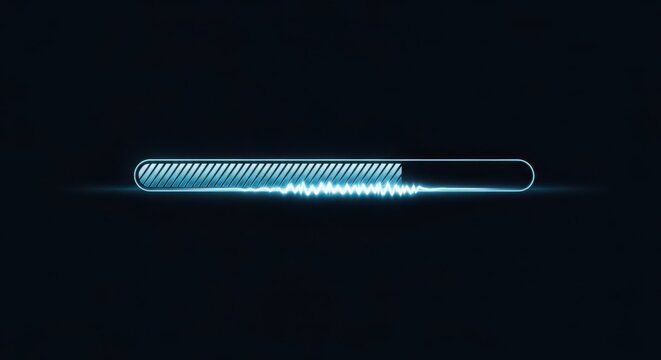 Futuristic glowing progress bar with pulsing blue light wave on dark background, representing system loading and data transfer.