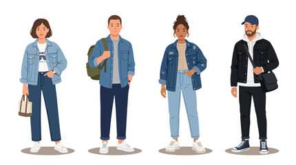 Obraz premium Vector set of 4 modern denim fashion outfits, casual style illustration, flat vector design, white background, no outline.
