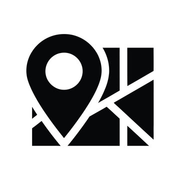 Map location pin placed over a stylized road network, representing navigation, travel, and location services, rendered in a solid black silhouette style on a white background, for digital use