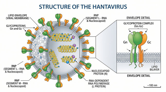 Hantavirus Structure Diagram with Lipid Envelope and Glycoprotein  Detail. Medical Illustration