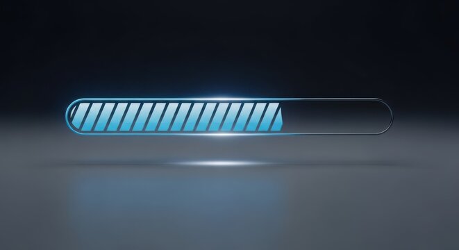 Blue digital progress bar indicator paused midway with futuristic lighting and gradient background