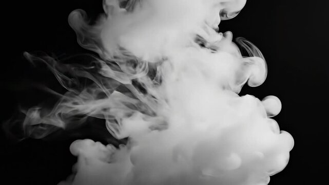 Abstract white smoke swirl and vapor cloud isolated on black background for creative design overlay.