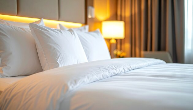 Luxury hotel bedroom interior with clean white linens and cozy light
