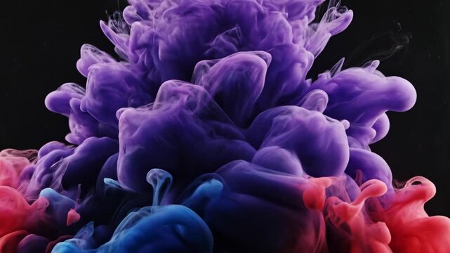 Abstract purple and pink ink swirls in water against a black background creating a cloud effect.