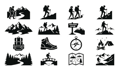 Obraz premium Nature hiking trail SVG bundle with mountains backpack and outdoor exploration icons