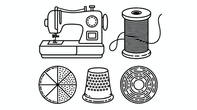 sewing machine and thread spool with bobbin and thimble  sewing tools