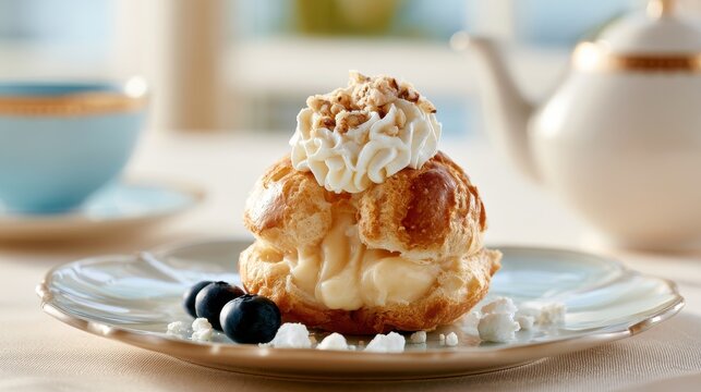 Single cream puff pastry filled with custard and topped with whipped cream and chopped nuts served on a decorative plate with fresh blueberries in a bright kitchen setting