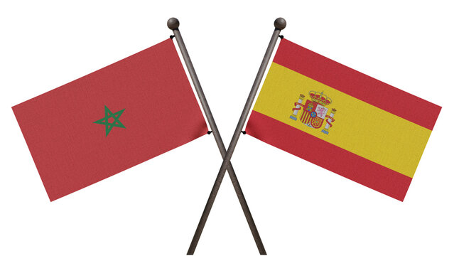 3D render of Morocco and Spain flags crossed on a white background, symbolizing Mediterranean diplomacy, trade relations, and regional partnership