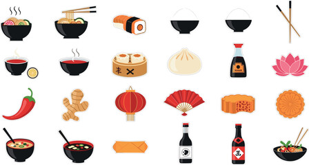 Asian Food Icon Set With Sushi Ramen Dumplings Soy Sauce Chopsticks And Traditional Cuisine Vector Illustration © AFSANA AKTER
