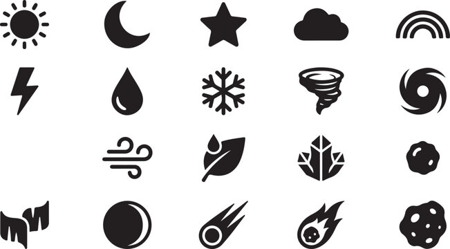 Black and white set of various and symbols including animals plants and tools