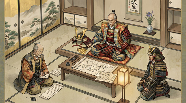 Daimyo samurai leaders meeting in traditional Japanese war room with armor and scrolls
