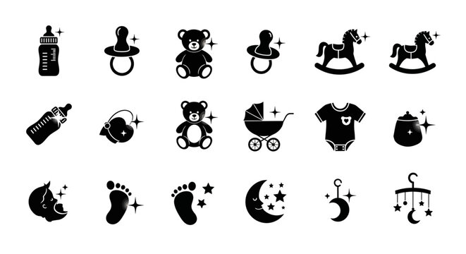Set of Baby and Newborn Nursery Icons in Black Silhouette Style