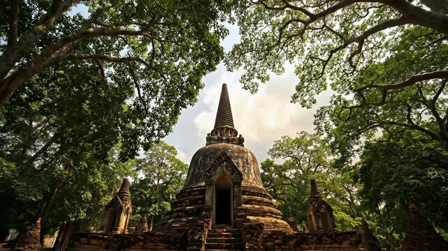 Ancient brick stupas and temple ruins at the historic Ayutthaya archaeological park in Thailand.