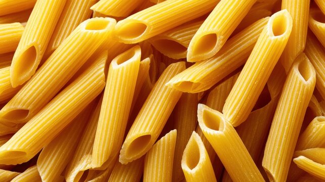 Close-up of raw penne pasta tubes texture background