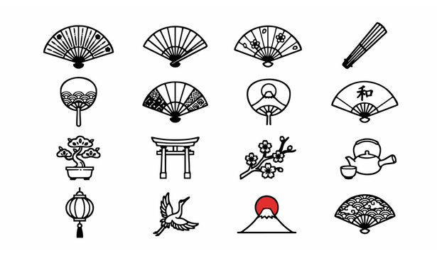 Japanese fan icon set featuring traditional folding fans oriental hand fans sensu uchiwa cultural symbols decorative asian art and ornaments