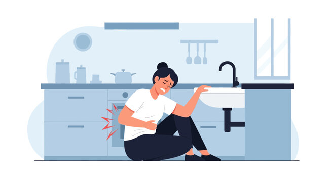 Woman Suffering From Abdominal Pain Sitting In The Kitchen, Digestive Illness Concept