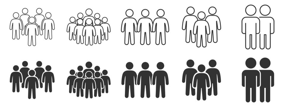 people icons set in outline and solid styles for groups and teams social network on transparent background