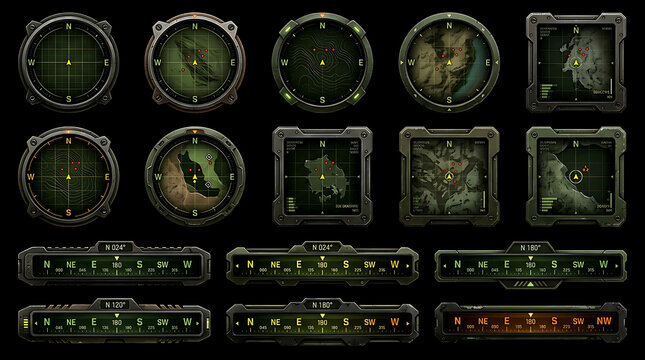 Set of digital compass icons and navigation radar interface elements