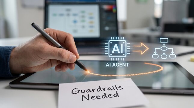 AI productivity gap - A human hand draws a boundary around an AI agent, symbolizing protection and the need for guardrails in technology.