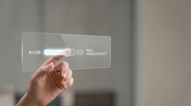 AI productivity gap - A hand adjusts a control slider from AI use toward real productivity, symbolizing advancement in technology and work efficiency.