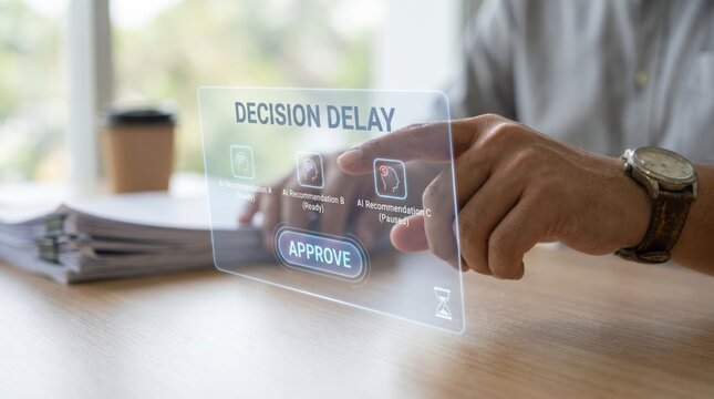AI productivity gap - Human hand approving AI suggestion on a decision delay panel, with final action paused, in a modern digital interface setting.