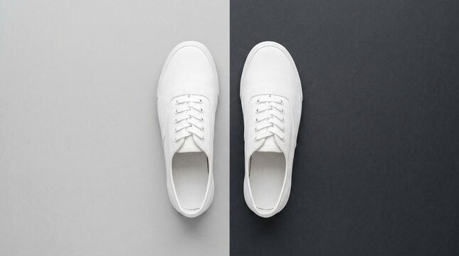 Minimalist Flat Lay of White Canvas Sneakers on Split Background	