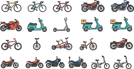 Bicycle And Motorcycle Icon Set With Scooter Delivery Bike Unicycle Tandem And Personal Transport Vector Illustration © AFSANA