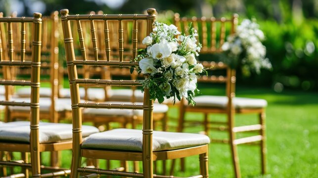 Gold chiavari chairs decorated with white floral arrangements for an outdoor wedding ceremony set up on a lush green lawn during a bright and sunny summer afternoon