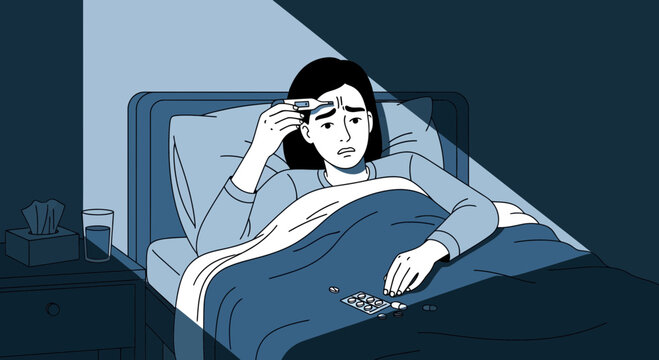 Woman Measures Temperature While Bedridden, Feeling Ill, With Pills Nearby in Bedroom