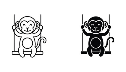 Cute monkey sitting on a swing in line art and solid black silhouette style for playground and children animal illustration design projects isolated on white background for educational media © Elevate