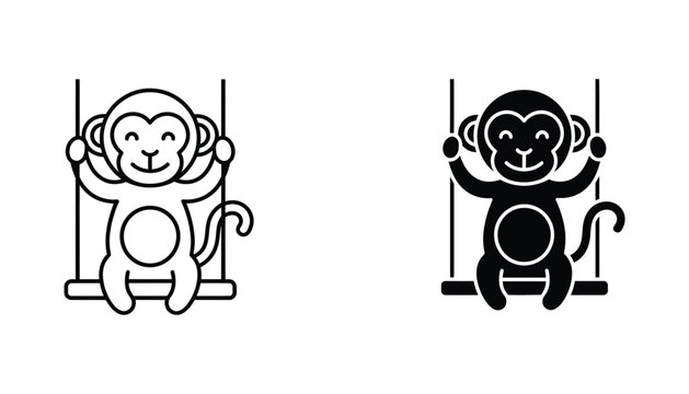 Cute monkey sitting on a swing in line art and solid black silhouette style for playground and children animal illustration design projects isolated on white background for educational media