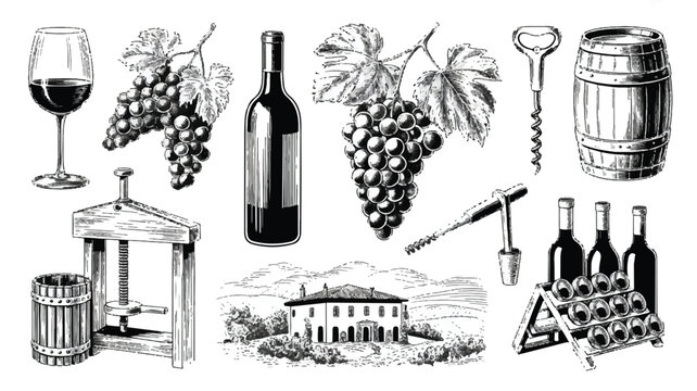 wine making equipment and grapes illustrations on white background