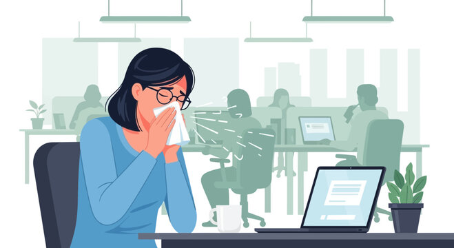Woman Sneezing In The Office, Showing The Spread Of Germs and Ill health