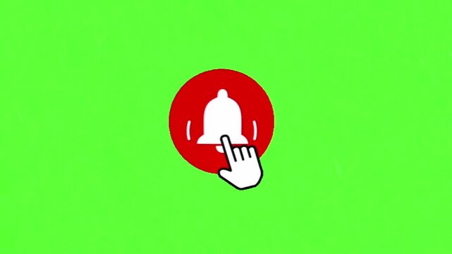 Animated graphic icon of a notification bell being pressed by a cursor, on a green screen background for easy integration into video content
