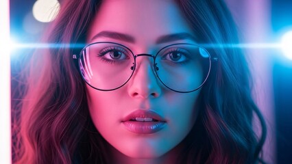 Fototapeta premium Close-up of a young woman with glasses and long wavy hair illuminated by vibrant neon lights in a futuristic setting perfect for technology and innovation themes