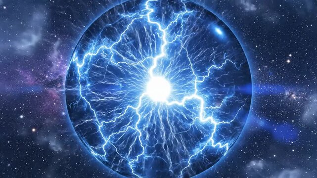 Abstract energy sphere with blue lightning bolts glowing in deep space galaxy background.