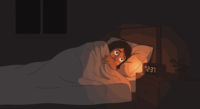 Woman Suffering Anxiety Lying Awake in Bed, Alone, And Watching the Time
