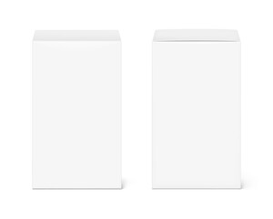 Naklejka premium Realistic white closed paperboard box mockup. Front and back view. Vector illustration isolated on white background. Taking your 2D designs into 3D. Can be use for medicine, food, cosmetic. EPS10.