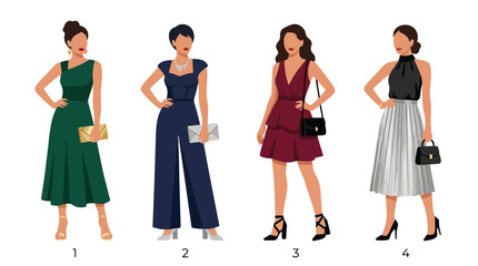 Obraz premium Four women in elegant evening wear, showcasing different styles and silhouettes for formal occasions
