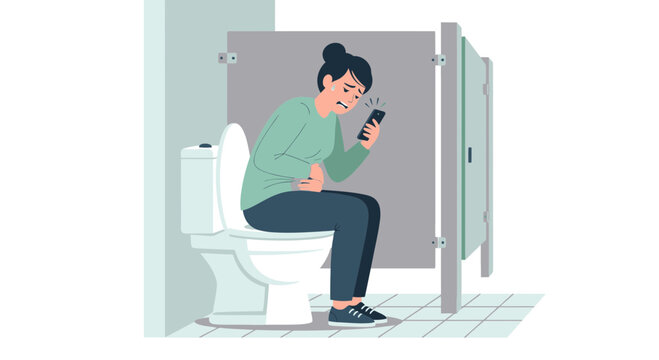 Woman Suffering Digestive Discomfort Checks Phone While Using Public Restroom