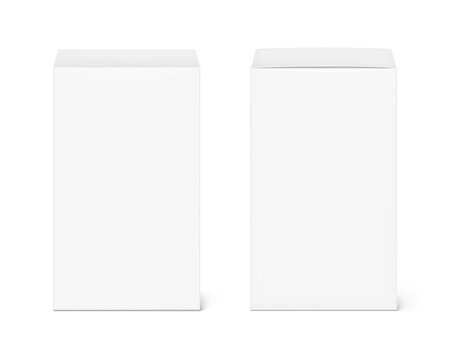 Realistic white closed paperboard box mockup. Front and back view. Vector illustration isolated on white background. Taking your 2D designs into 3D. Can be use for medicine, food, cosmetic. EPS10.