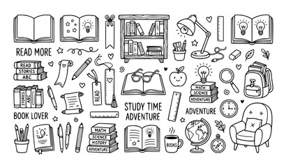 Library doodle coloring page set reading education vector illustration isolated on white background © MdRabbi