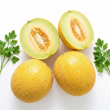 Fresh cantaloupes and cut melons with parsley on isolated white background