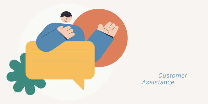 Flat design of a friendly character leaning on a speech bubble with a waving hand gesture, symbolizing customer assistance and support, ideal for service, help desk, and communication content.