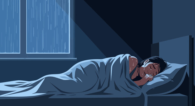 Woman Suffering From a Nightmare While Lying in Bed During a Thunderstorm Night