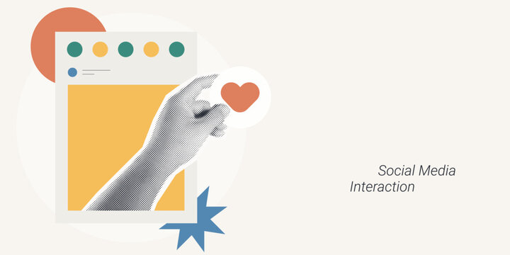 Trendy Halftone Collage of a halftone hand tapping a heart like button on a social media post screen, symbolizing social media interaction and engagement, ideal for digital marketing content.
